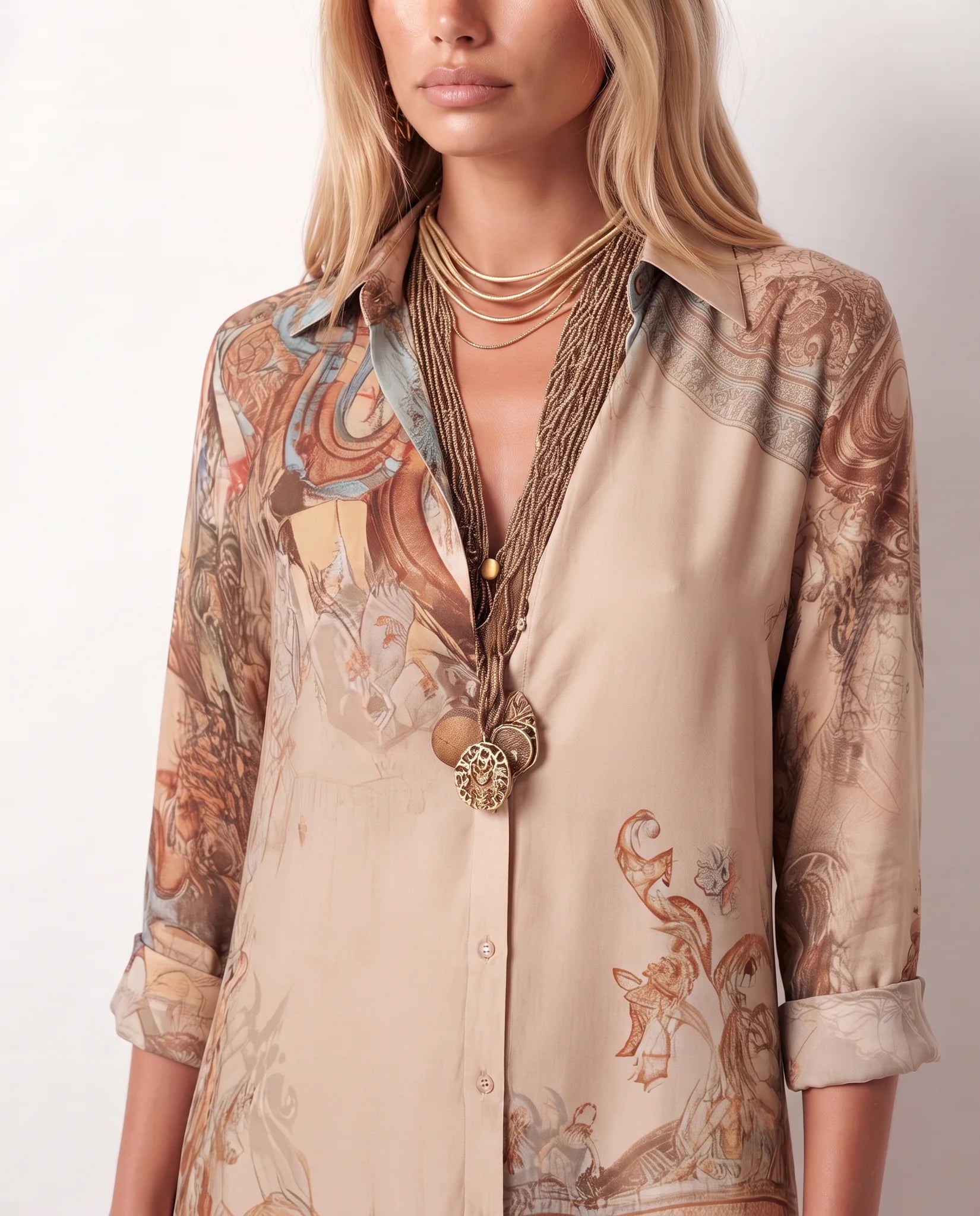 Nienke Abstract Print Button Front Maxi Dress in Brown — detail close-up