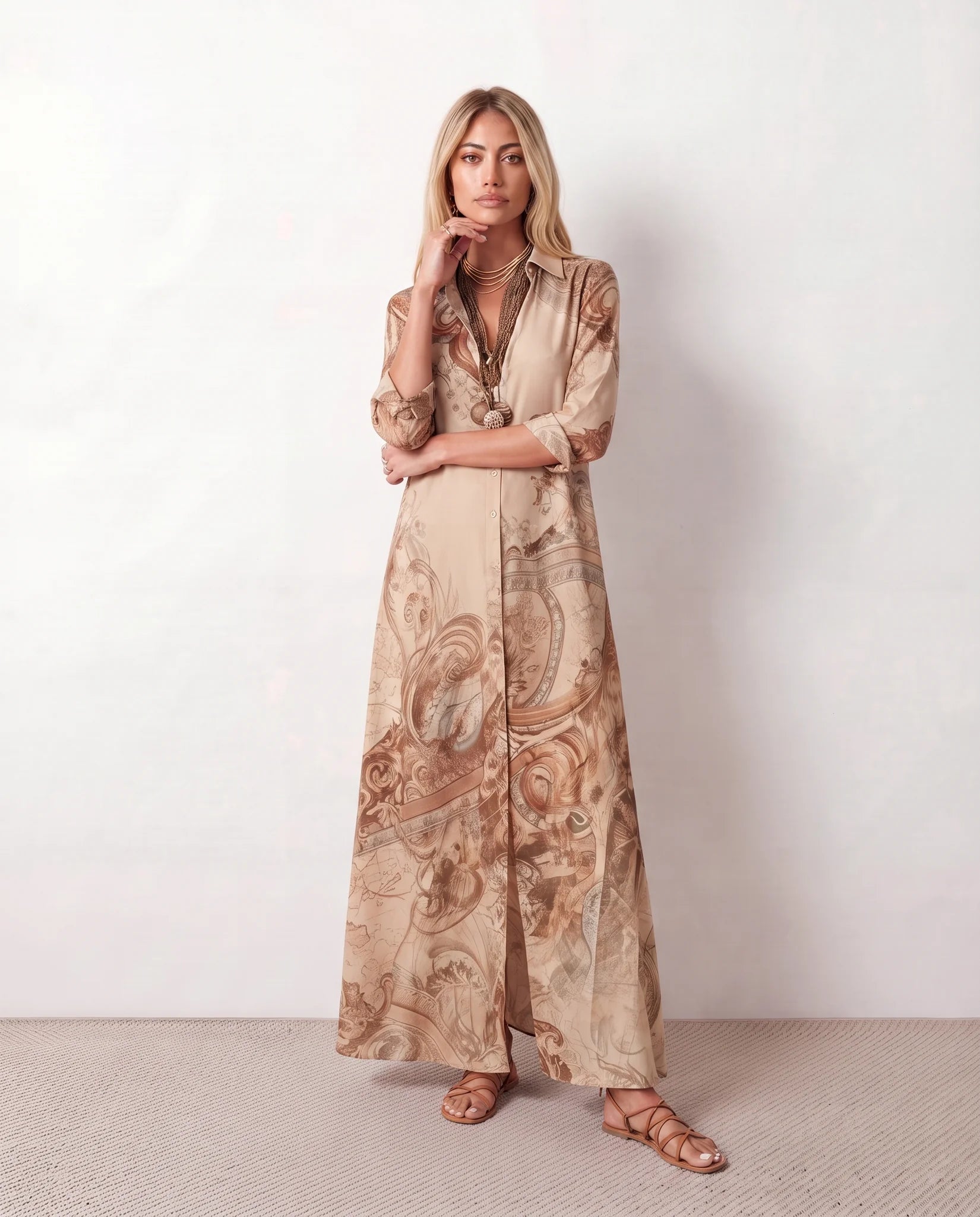 Nienke Abstract Print Button Front Maxi Dress in Brown — front view