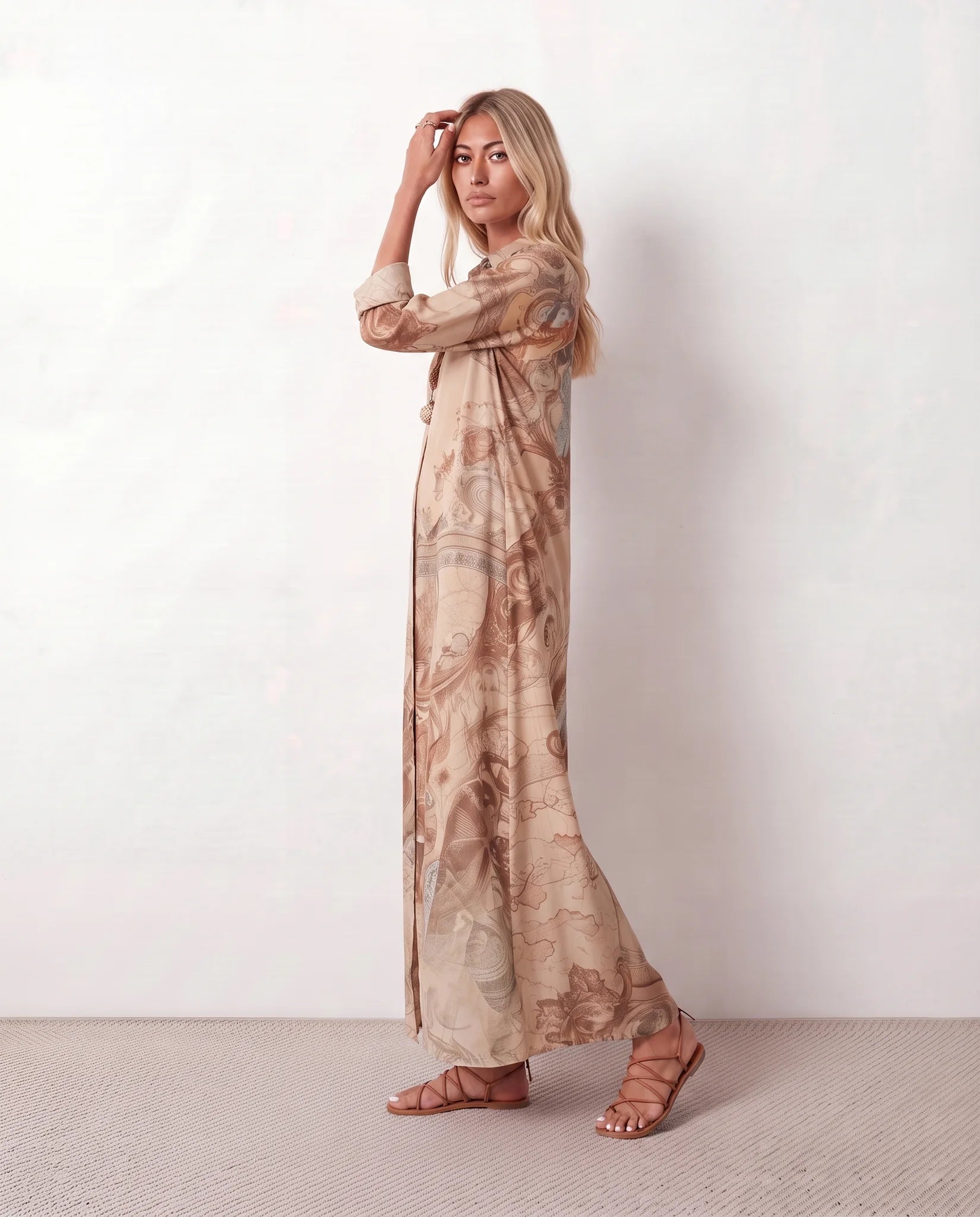Nienke Abstract Print Button Front Maxi Dress in Brown — side view