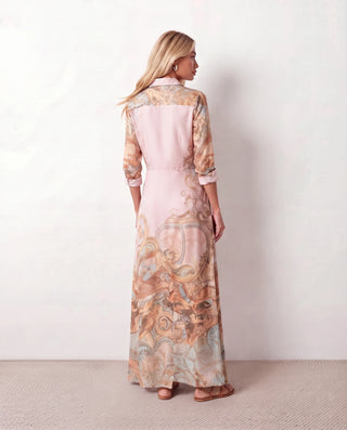 Nienke Abstract Print Button Front Maxi Dress in Pink — back view