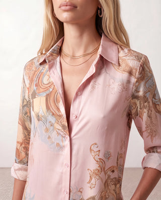 Nienke Abstract Print Button Front Maxi Dress in Pink — detail close-up