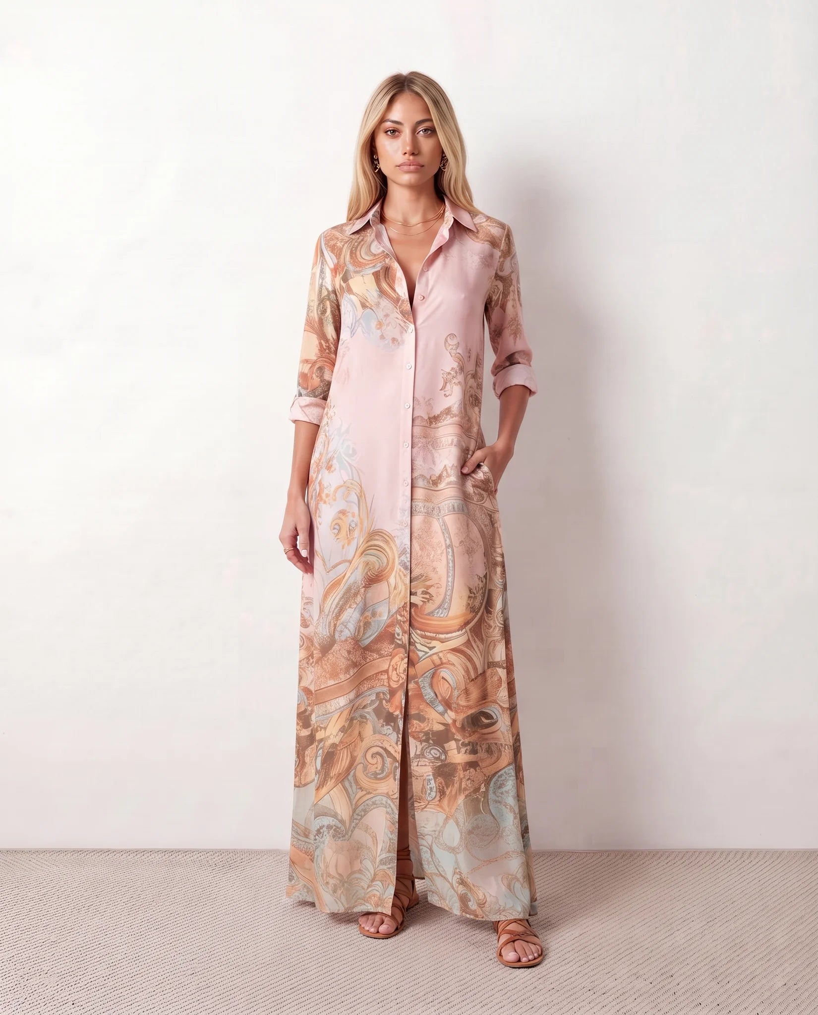 Nienke Abstract Print Button Front Maxi Dress in Pink — front view