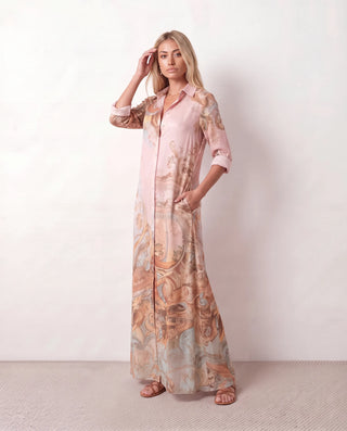 Nienke Abstract Print Button Front Maxi Dress in Pink — side view