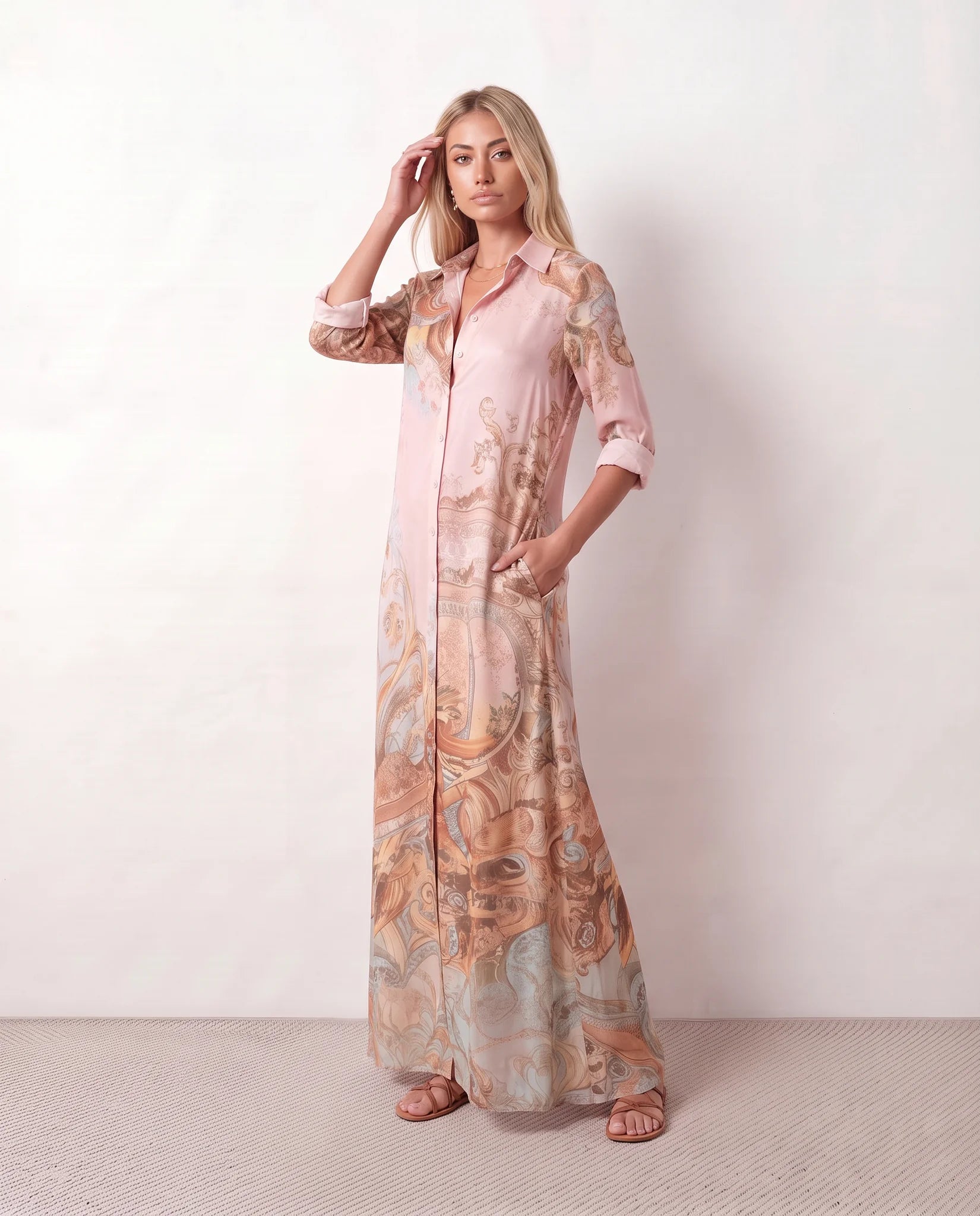 Nienke Abstract Print Button Front Maxi Dress in Pink — side view