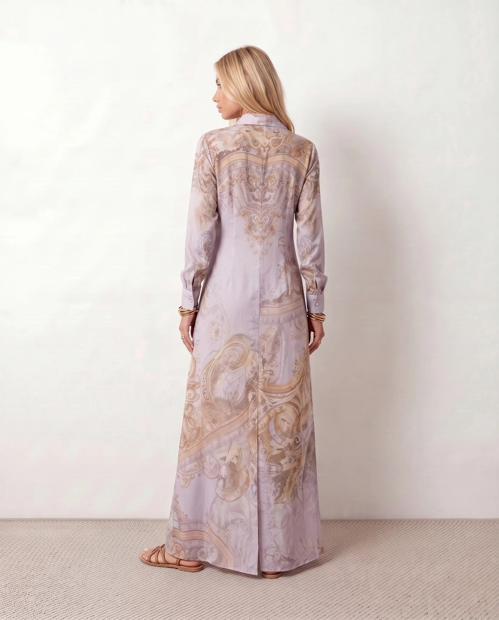 Nienke Abstract Print Button Front Maxi Dress in Purple — back view