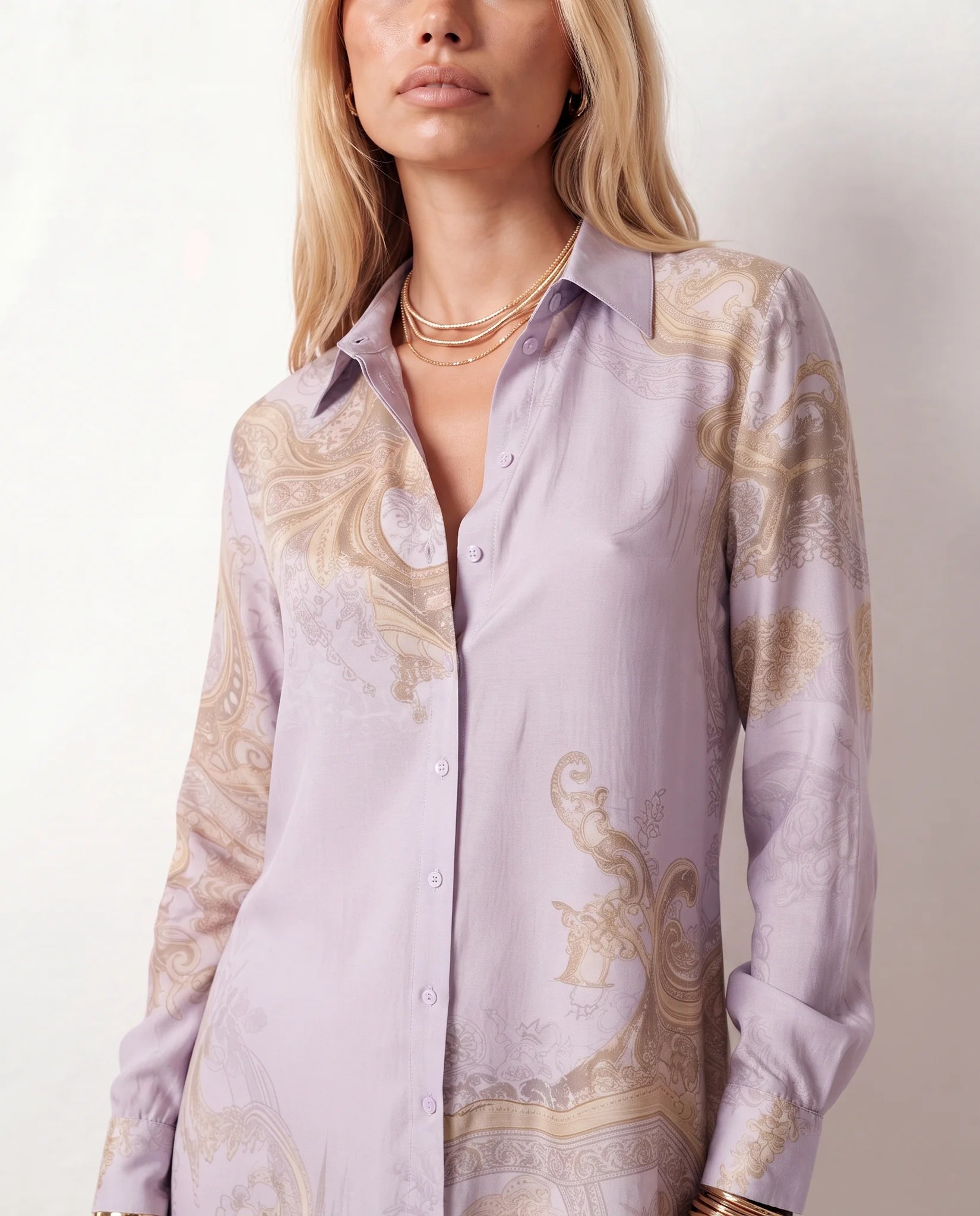 Nienke Abstract Print Button Front Maxi Dress in Purple — detail close-up