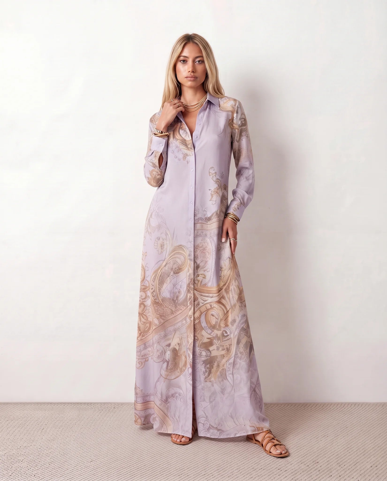 Nienke Abstract Print Button Front Maxi Dress in Purple — front view