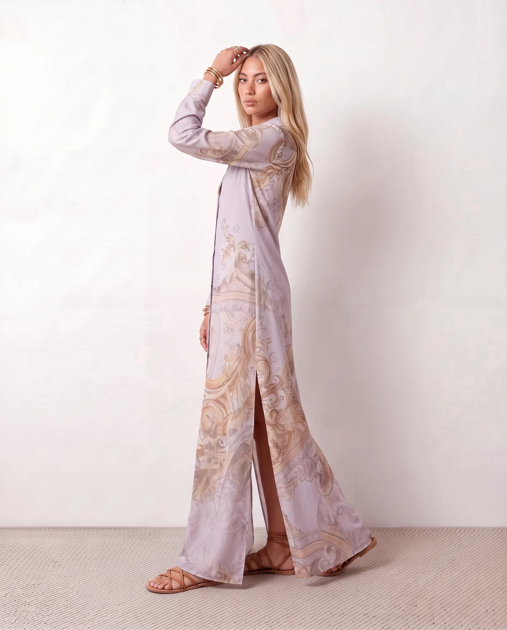 Nienke Abstract Print Button Front Maxi Dress in Purple — side view