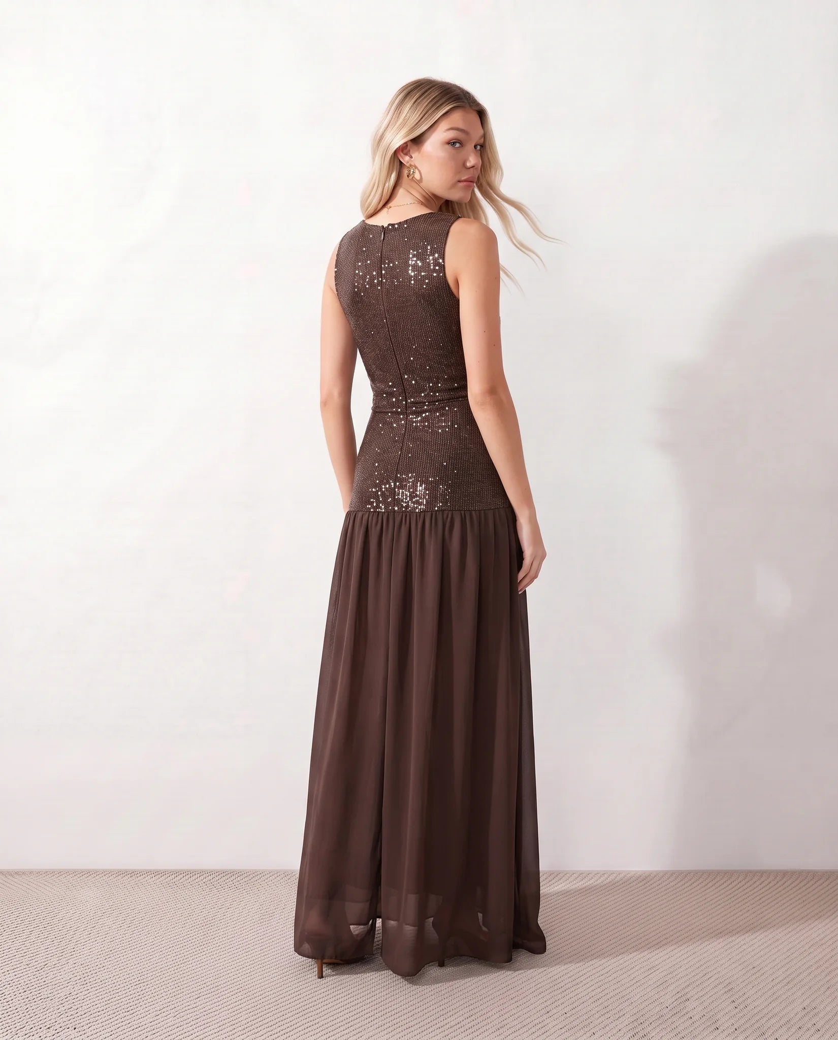 Aviana Sequined Drop Waist Maxi Dress in Brown — back view
