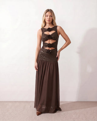Aviana Sequined Drop Waist Maxi Dress in Brown — front view