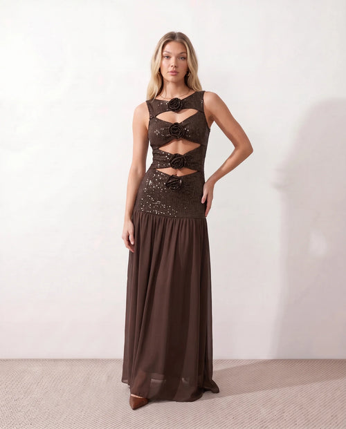 Aviana Sequined Drop Waist Maxi Dress in Brown — front view
