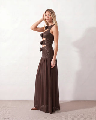 Aviana Sequined Drop Waist Maxi Dress in Brown — side view