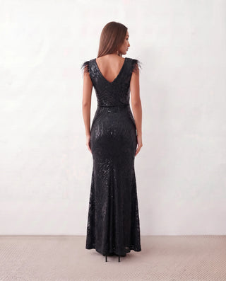 Silvana Sequined Mermaid Maxi Dress in Paisley Black — back view