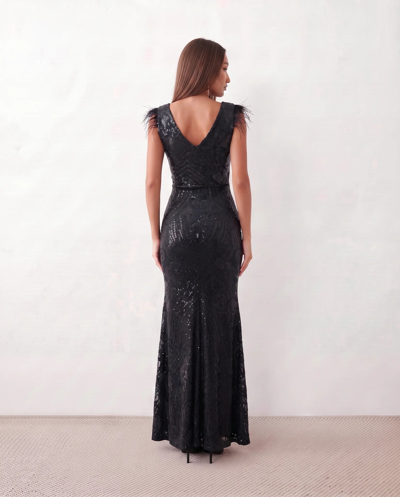 Silvana Sequined Mermaid Maxi Dress in Paisley Black — back view