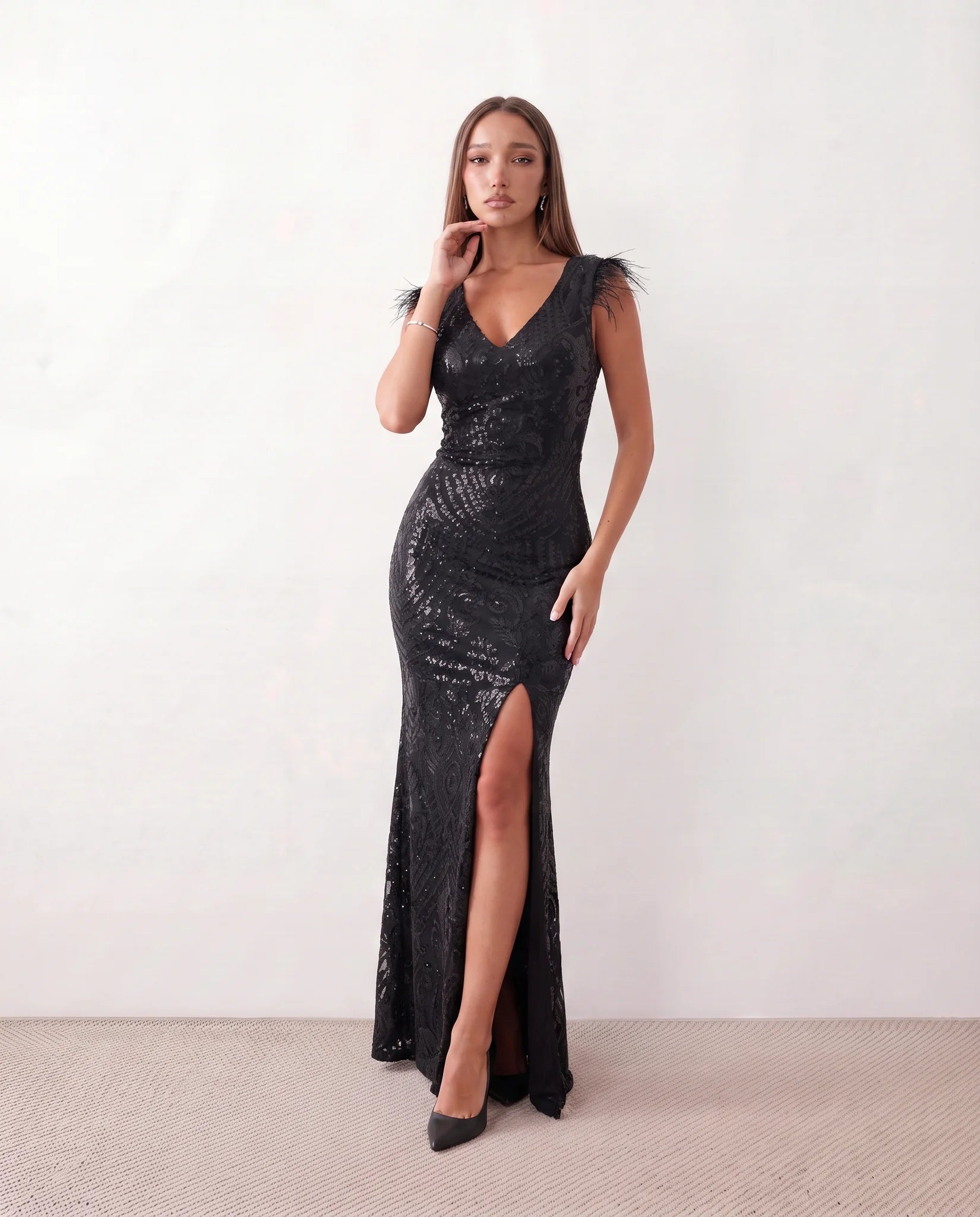Silvana Sequined Mermaid Maxi Dress in Paisley Black — front view