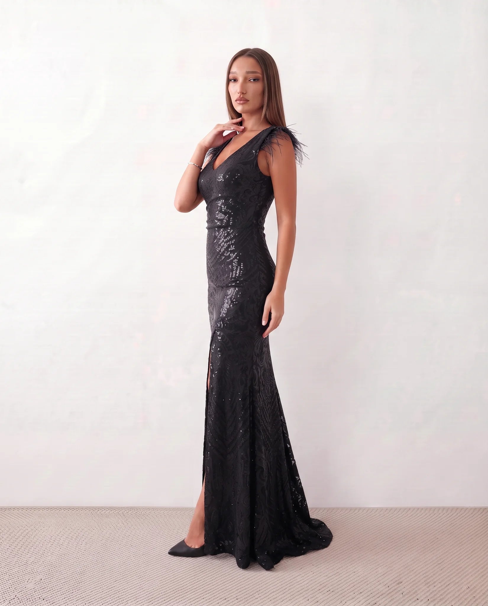 Silvana Sequined Mermaid Maxi Dress in Paisley Black — side view