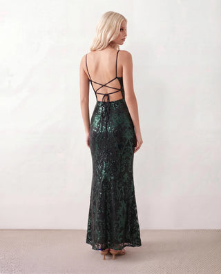 Mariana Sequined Mermaid Maxi Dress in Green — back view