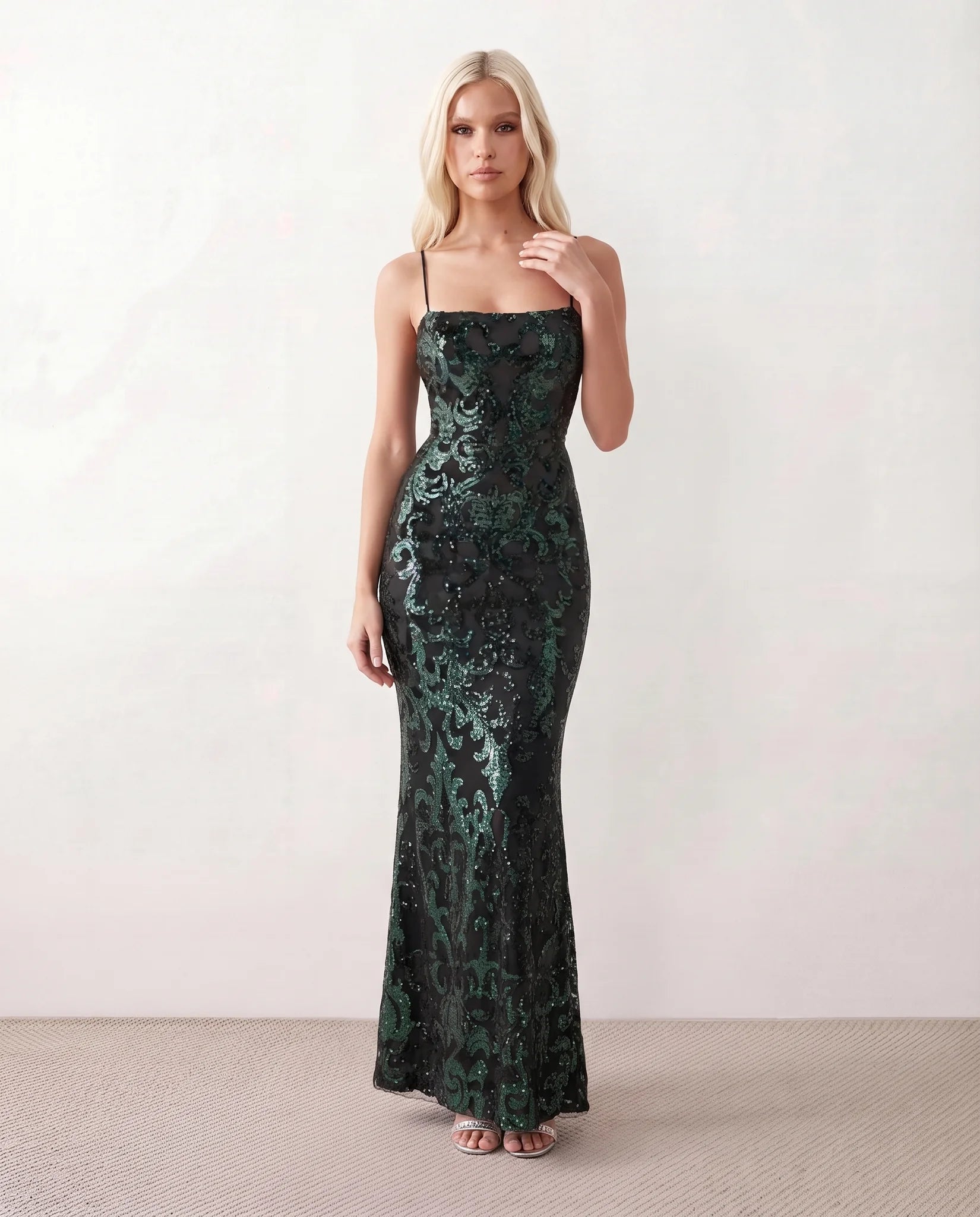 Mariana Sequined Mermaid Maxi Dress in Green — front view