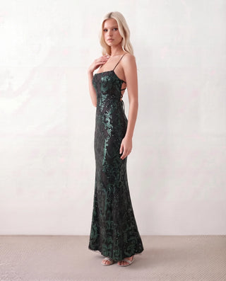 Mariana Sequined Mermaid Maxi Dress in Green — side view