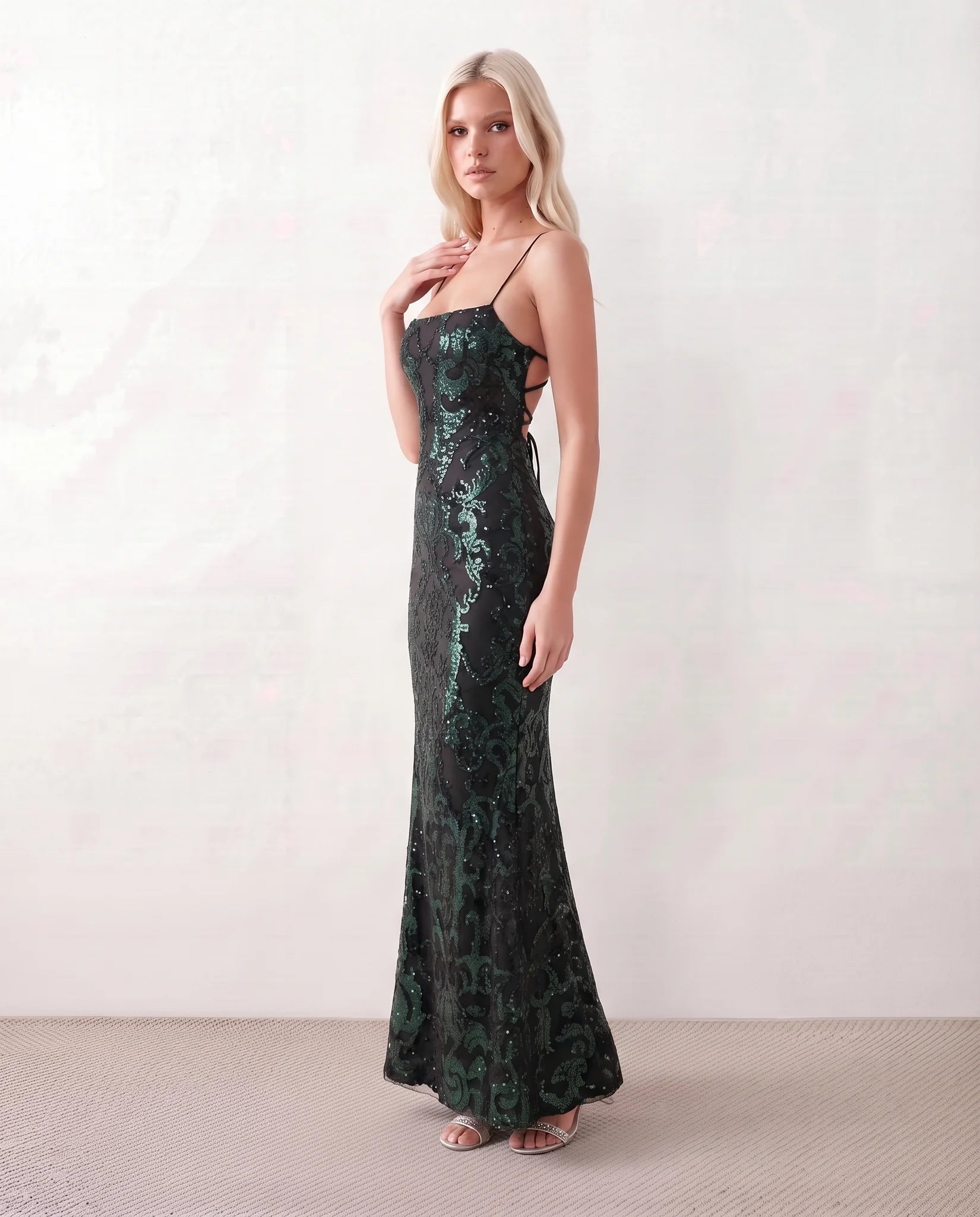Mariana Sequined Mermaid Maxi Dress in Green — side view