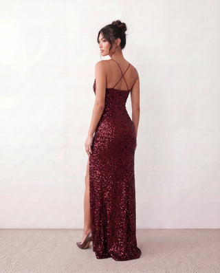 Adriane Sequined Spaghetti Strap Maxi Dress in Red — back view