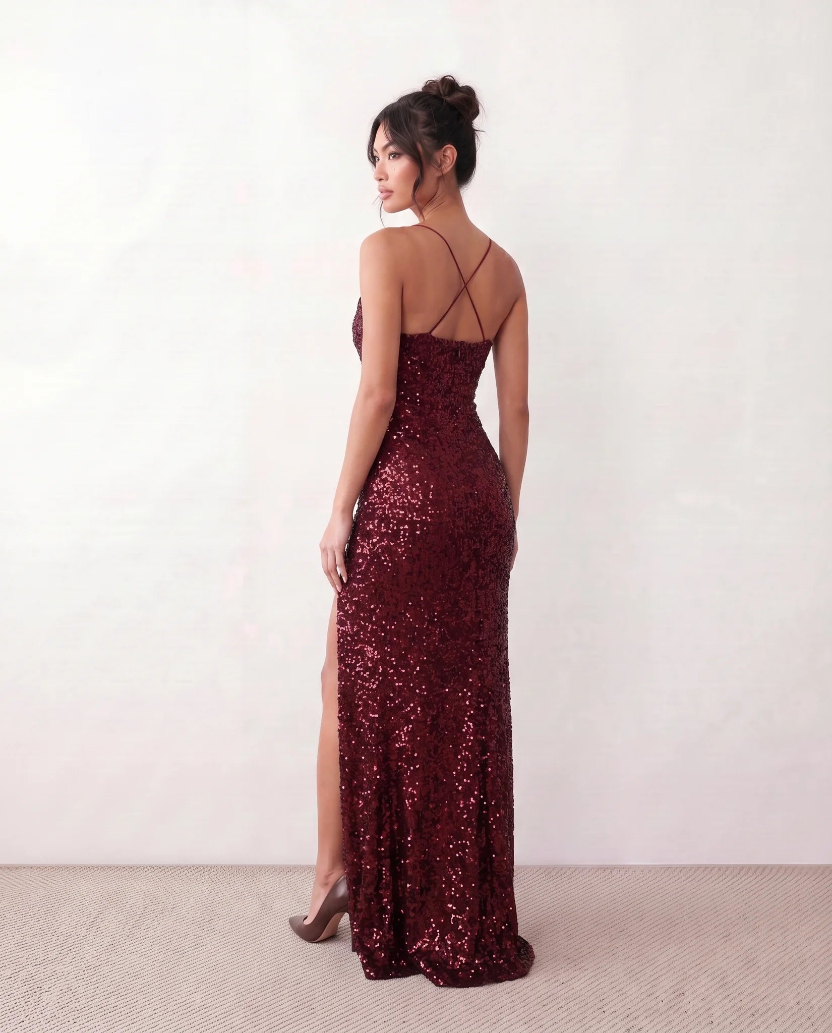 Adriane Sequined Spaghetti Strap Maxi Dress in Red — back view