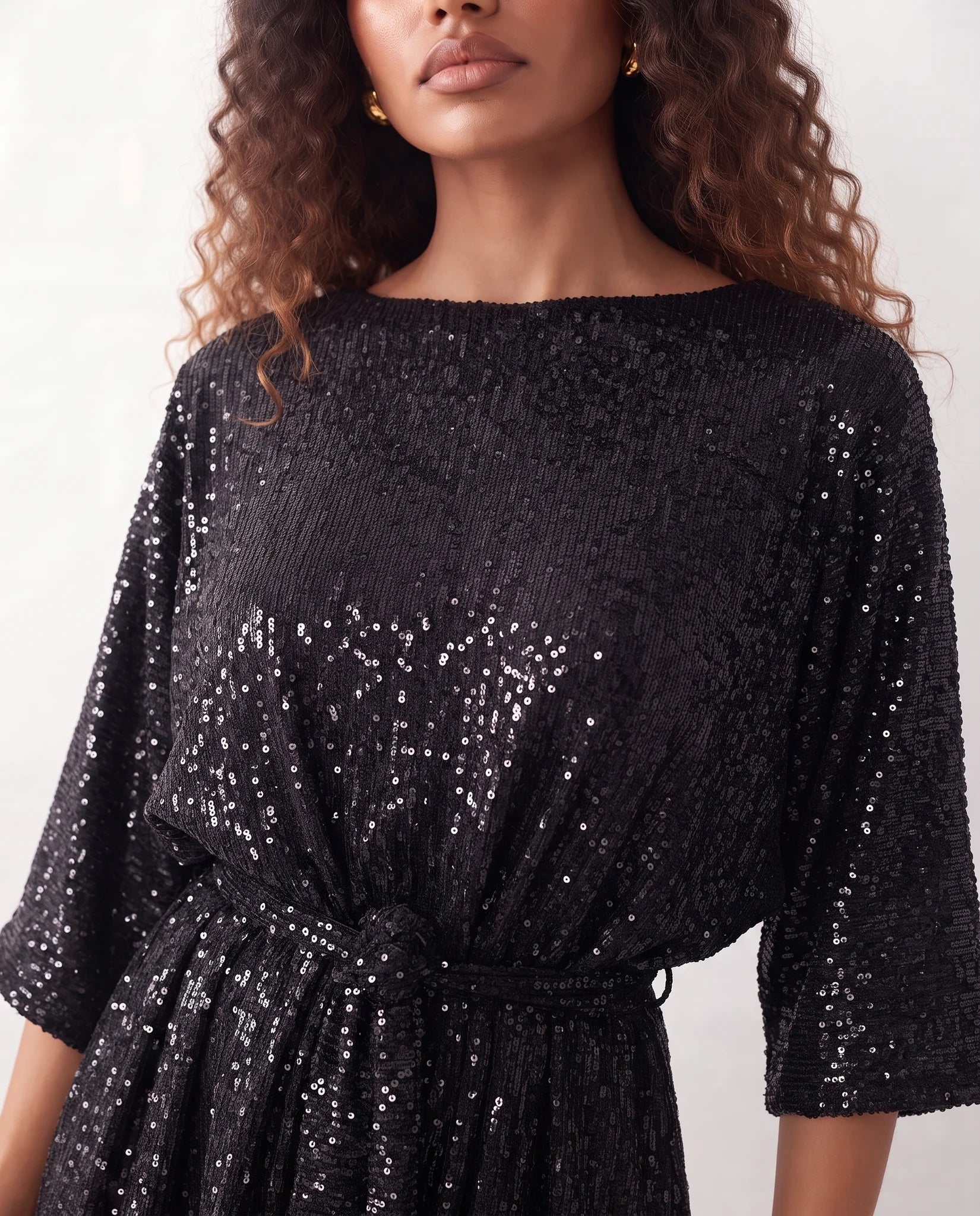 Yaritza Sequined Belted Mini Dress in Black — detail close-up