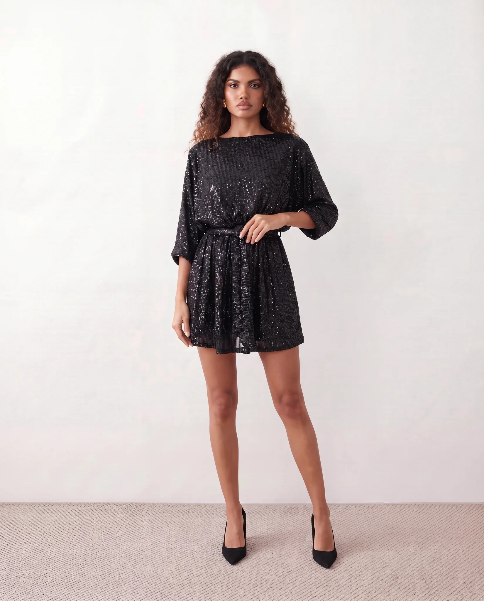 Yaritza Sequined Belted Mini Dress in Black — front view