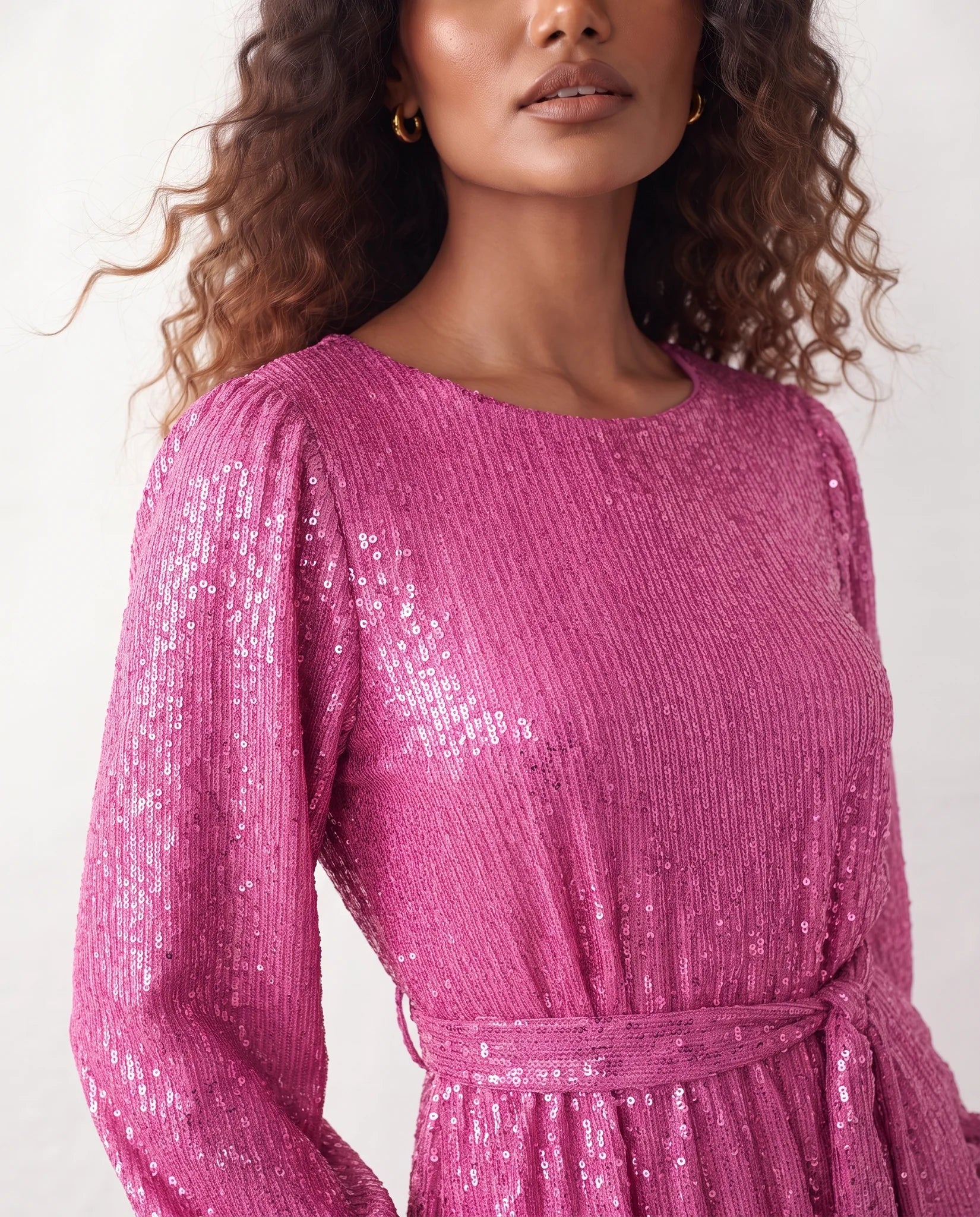 Yaritza Sequined Belted Mini Dress in Pink — detail close-up