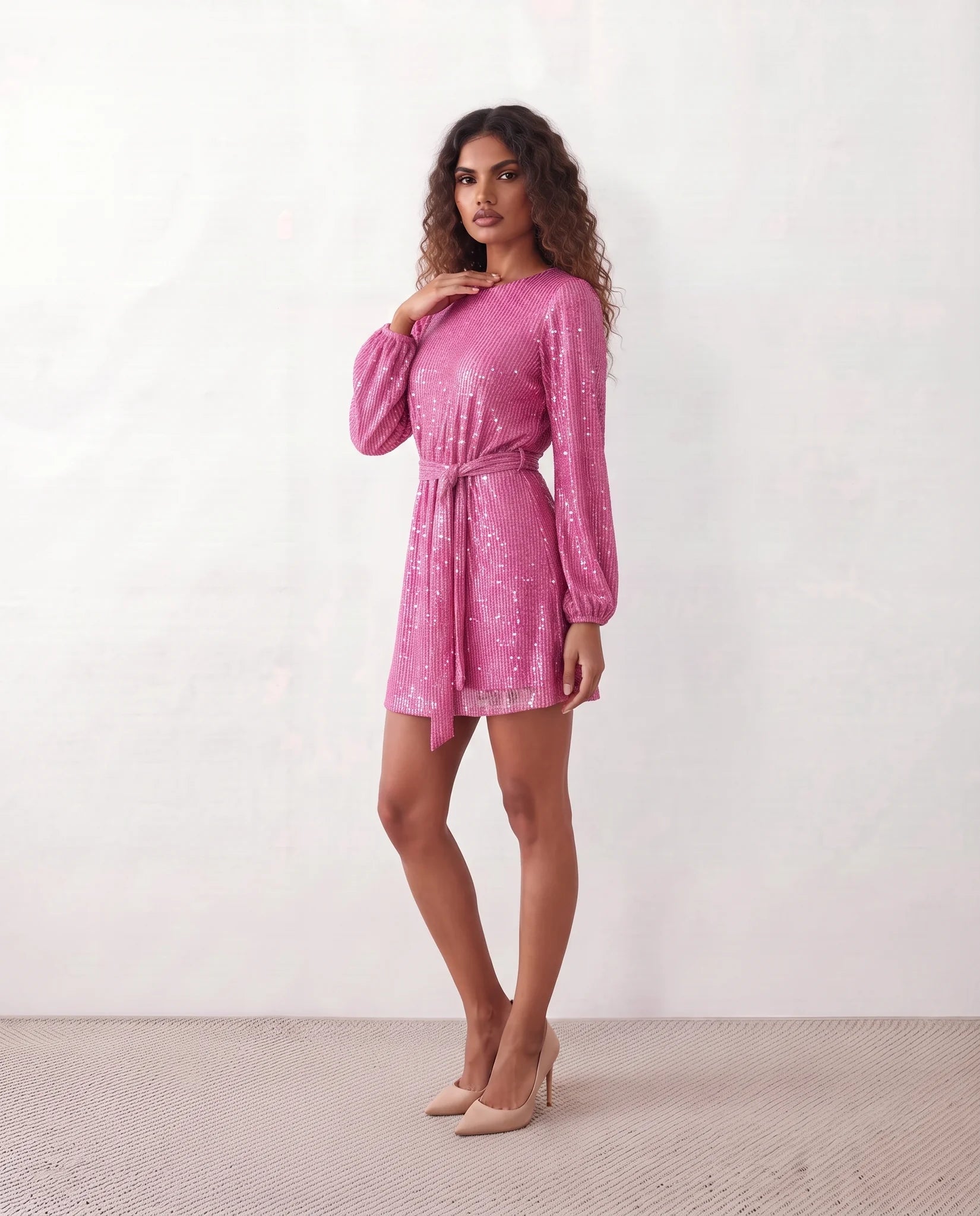 Yaritza Sequined Belted Mini Dress in Pink — side view