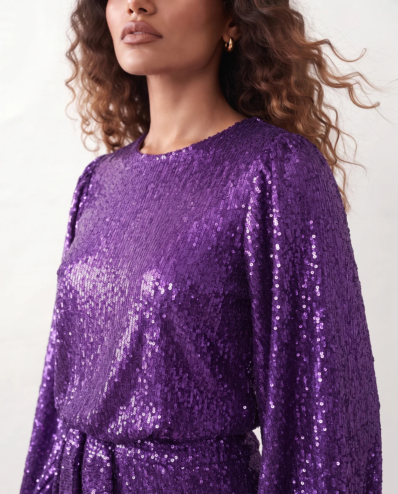 Yaritza Sequined Belted Mini Dress in Purple — detail close-up