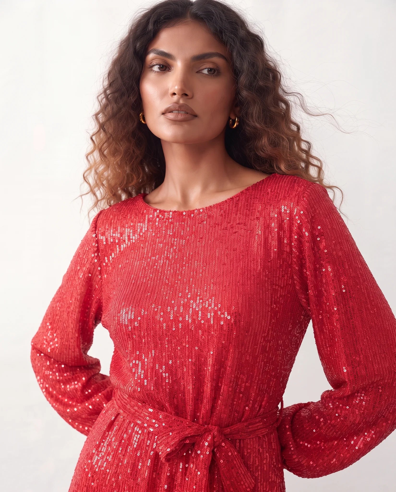 Yaritza Sequined Belted Mini Dress in Red — detail close-up