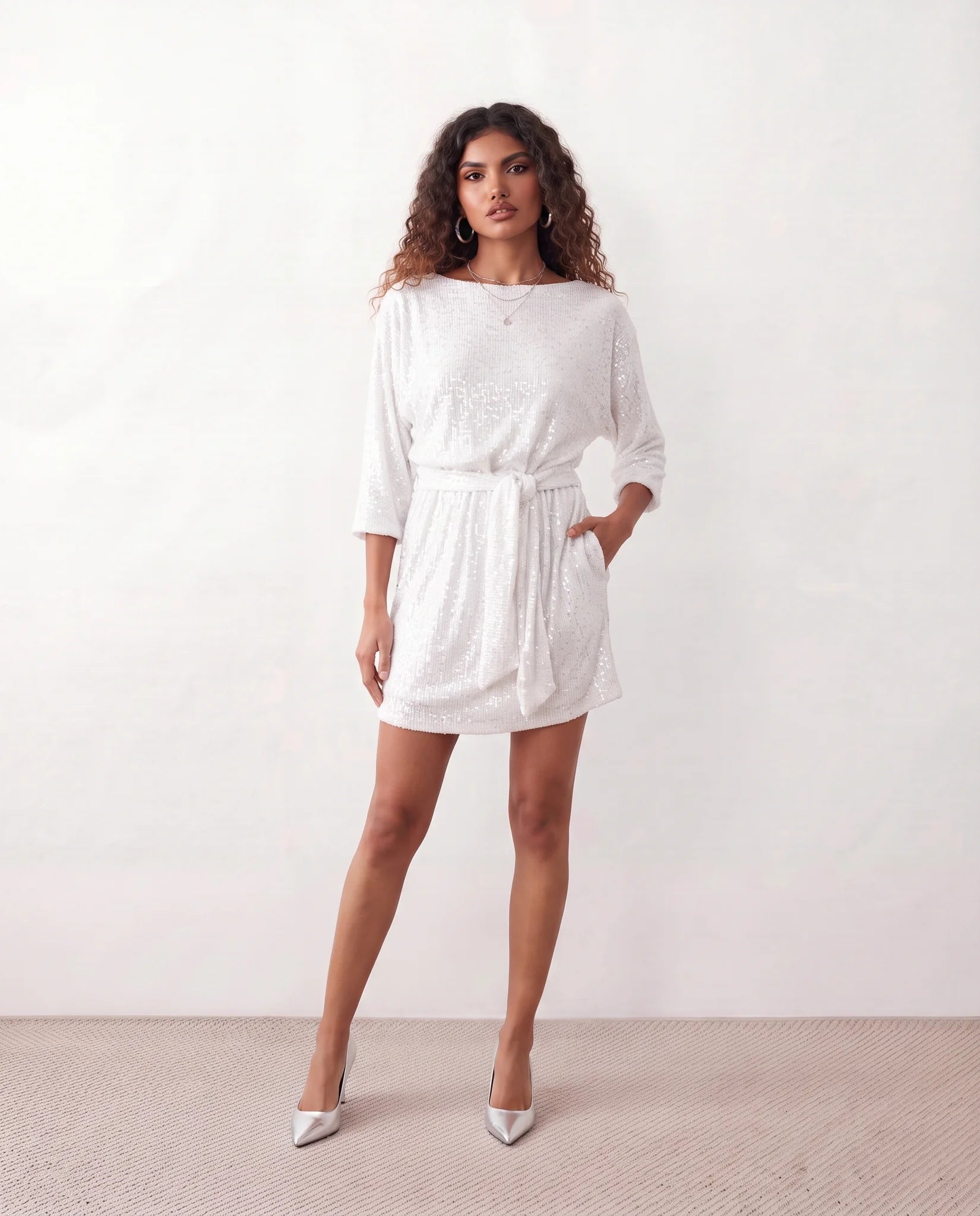 Yaritza Sequined Belted Mini Dress in White — front view