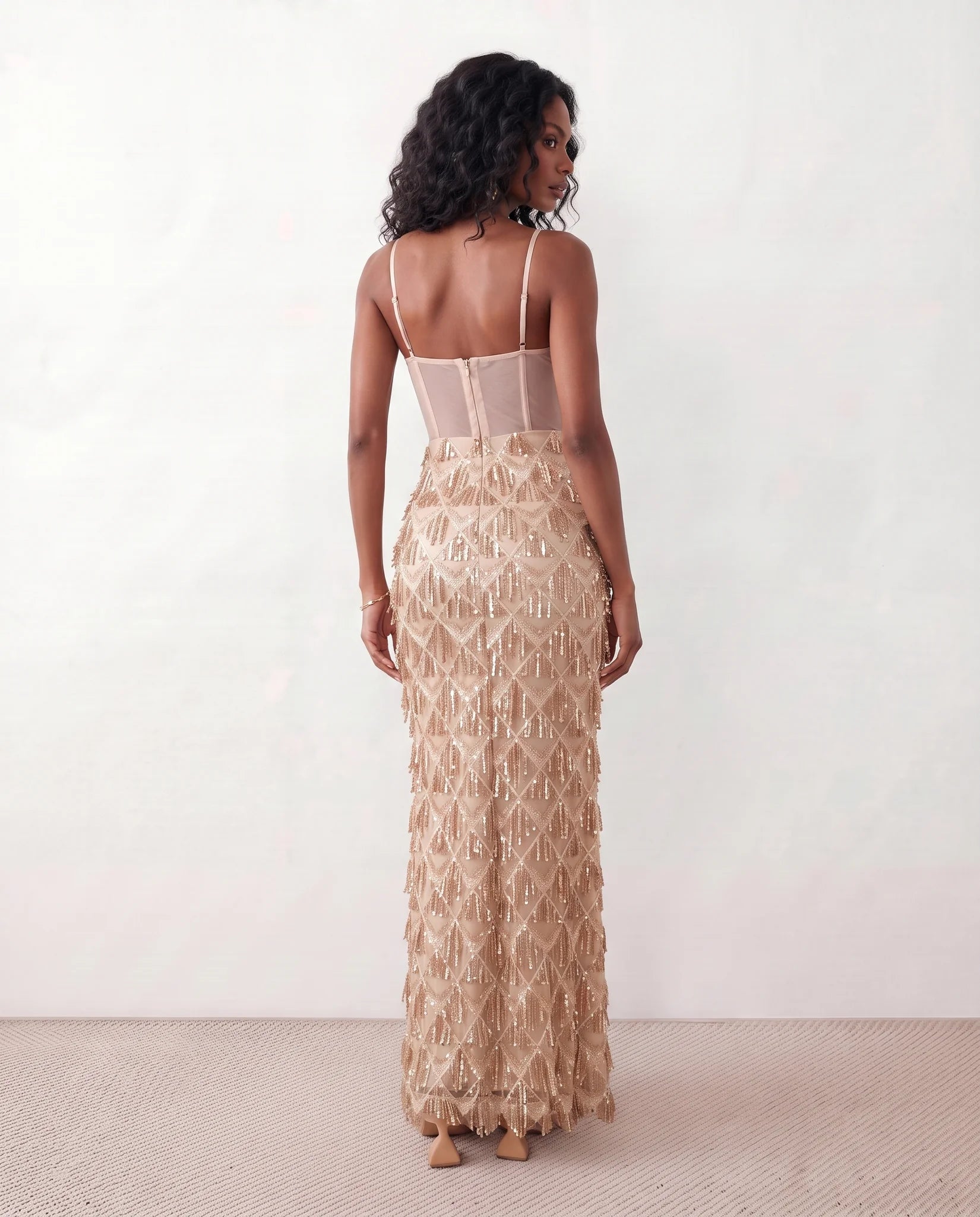 Sarina Sequined Basque Waist Maxi Dress in Beige — back view