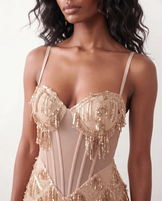 Sarina Sequined Basque Waist Maxi Dress in Beige — detail close-up