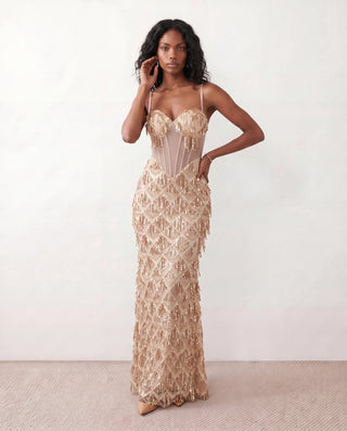 Sarina Sequined Basque Waist Maxi Dress in Beige — front view