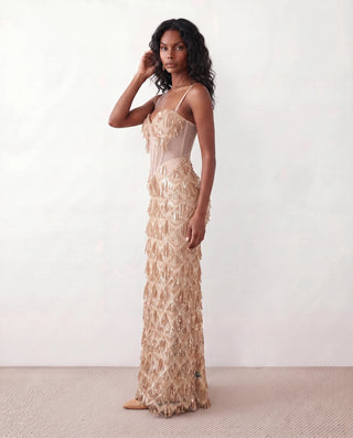 Sarina Sequined Basque Waist Maxi Dress in Beige — side view