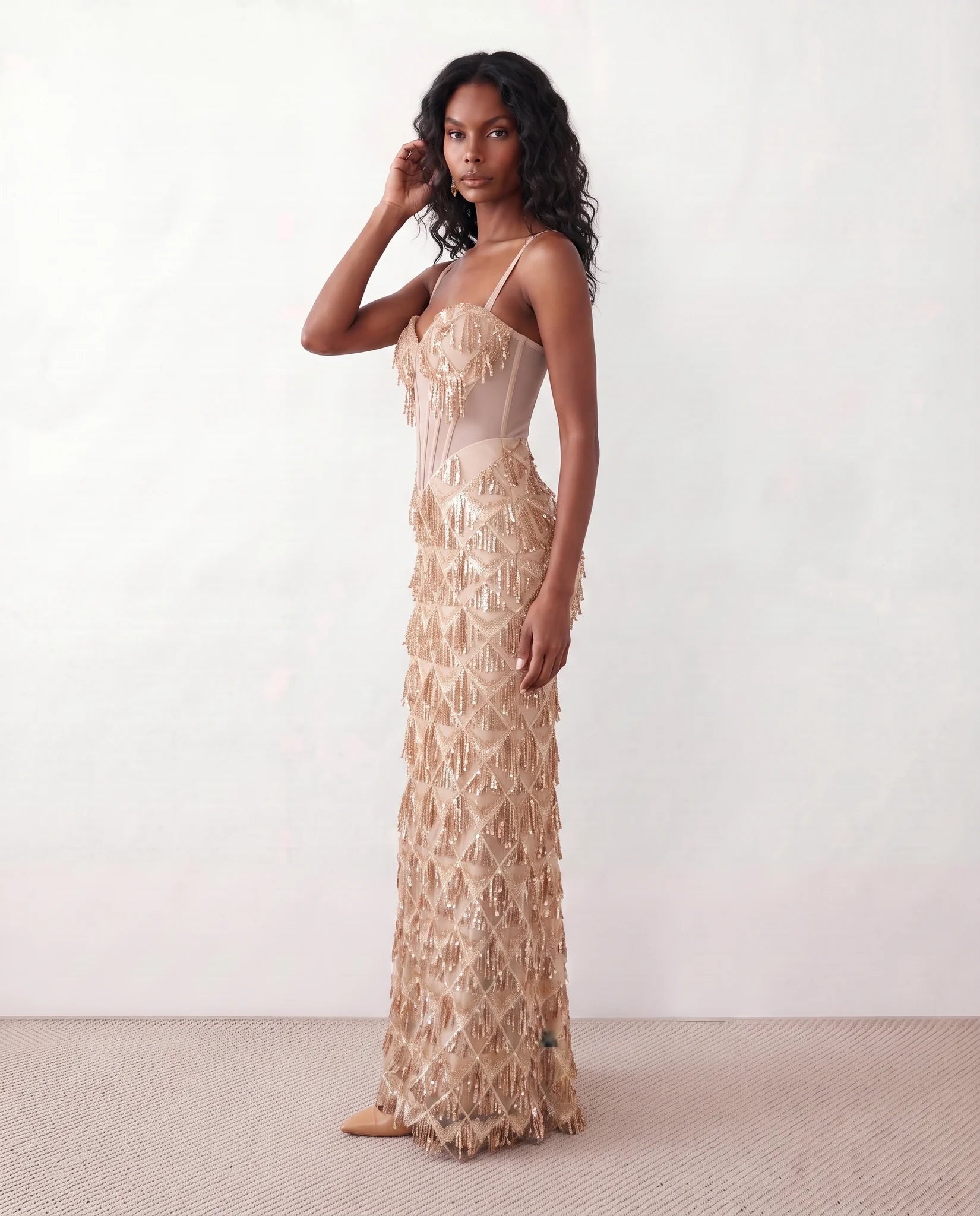 Sarina Sequined Basque Waist Maxi Dress in Beige — side view