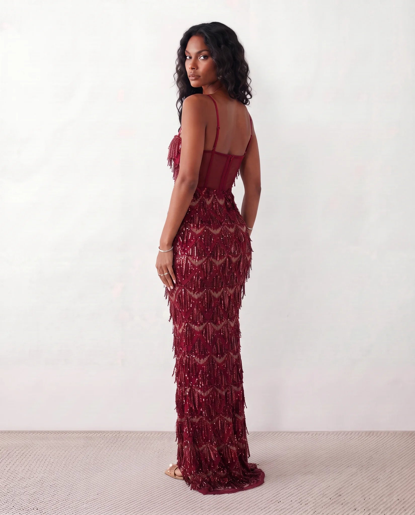 Sarina Sequined Basque Waist Maxi Dress in Red — back view