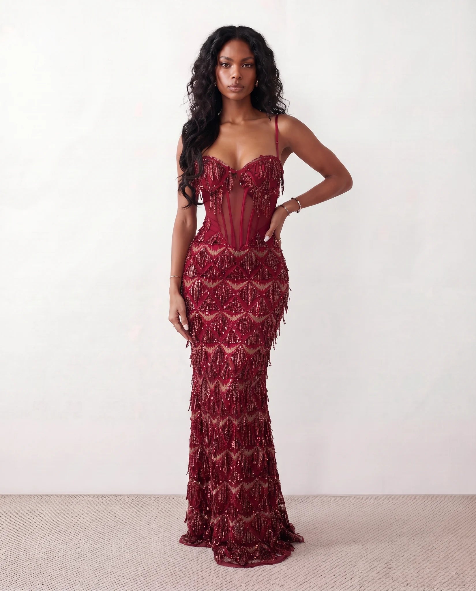 Sarina Sequined Basque Waist Maxi Dress in Red — front view