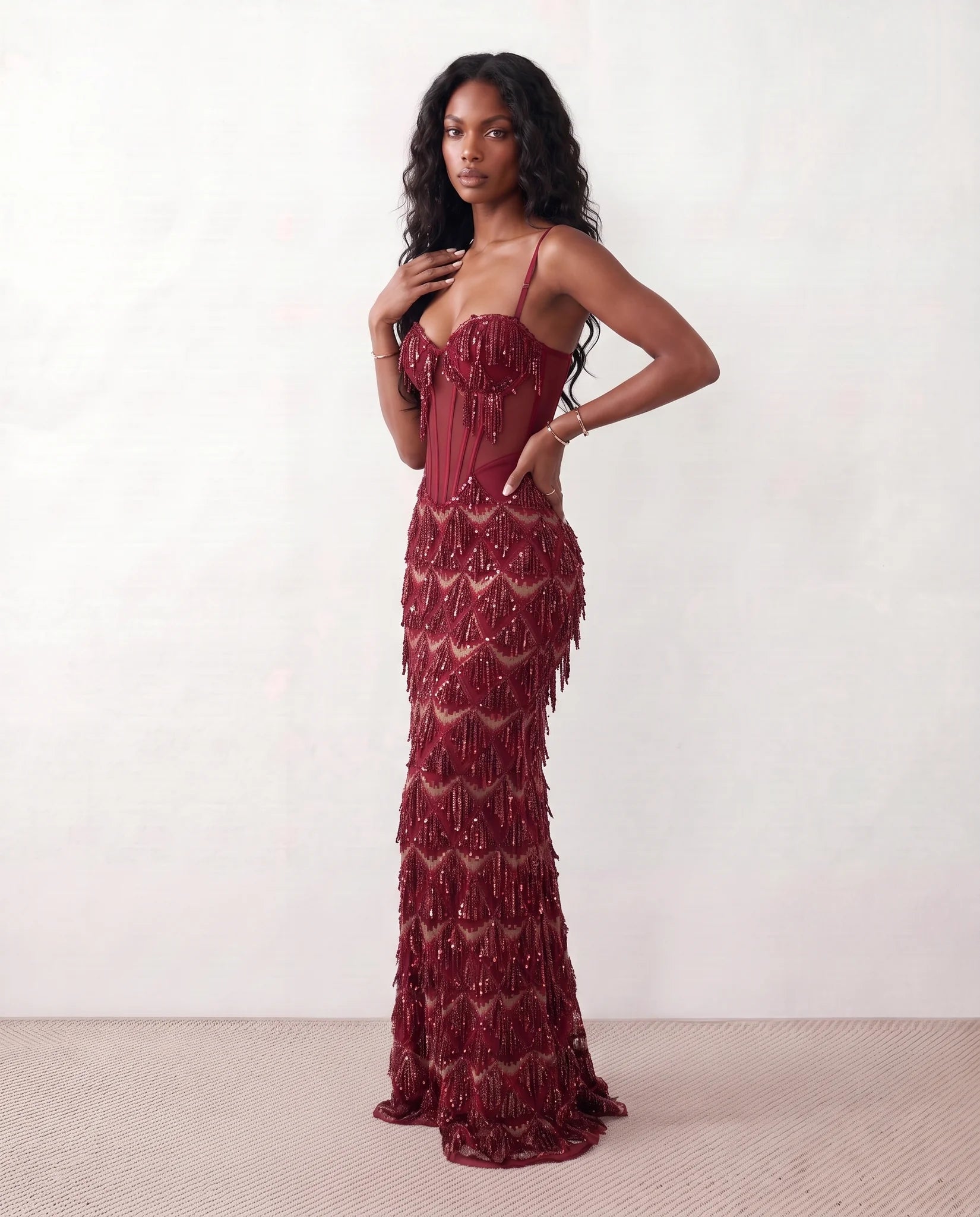 Sarina Sequined Basque Waist Maxi Dress in Red — side view