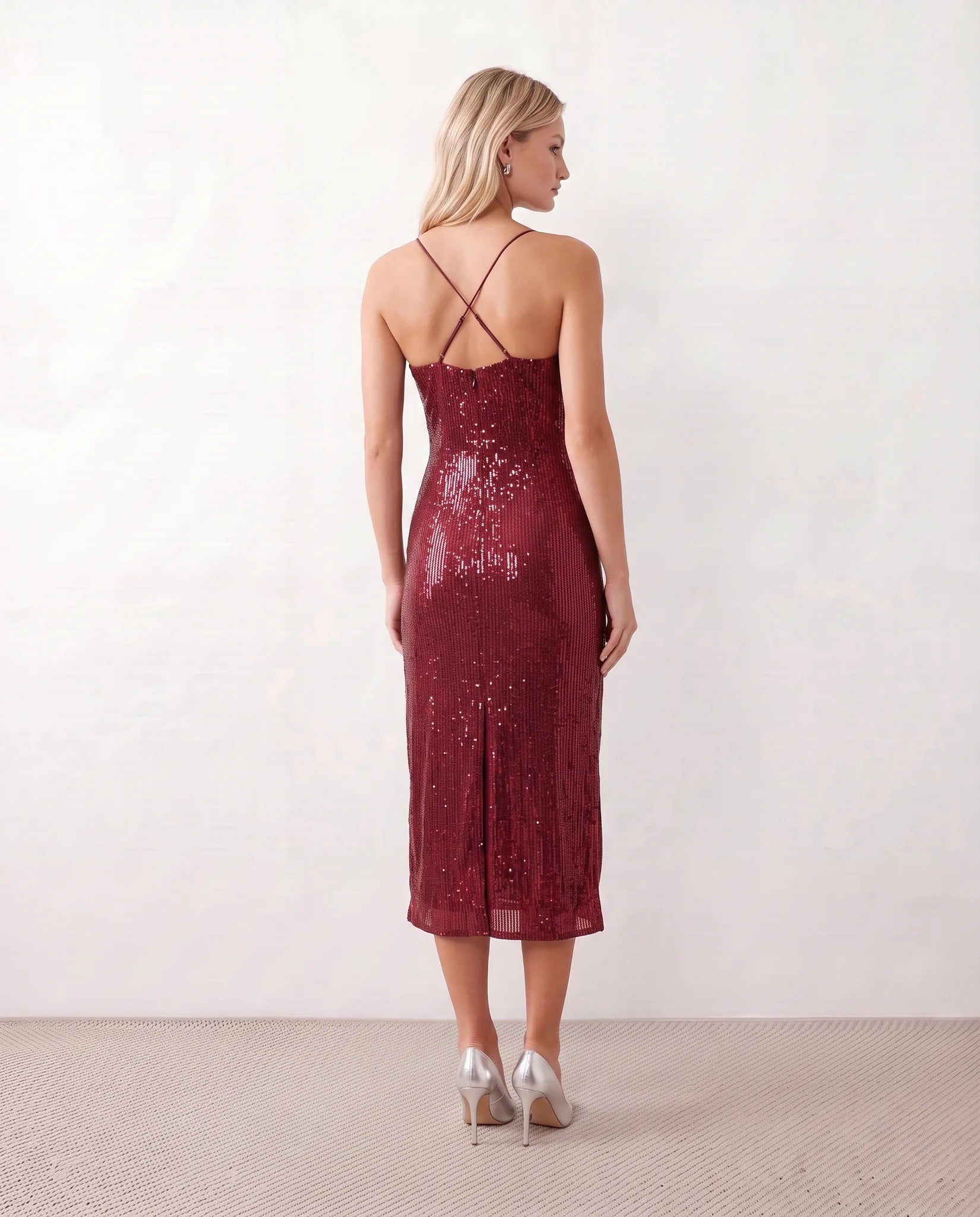Malena Sequined Spaghetti Strap Midi Dress in Red — back view