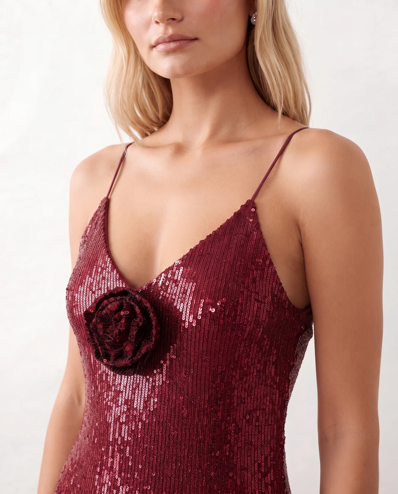 Malena Sequined Spaghetti Strap Midi Dress in Red — detail close-up