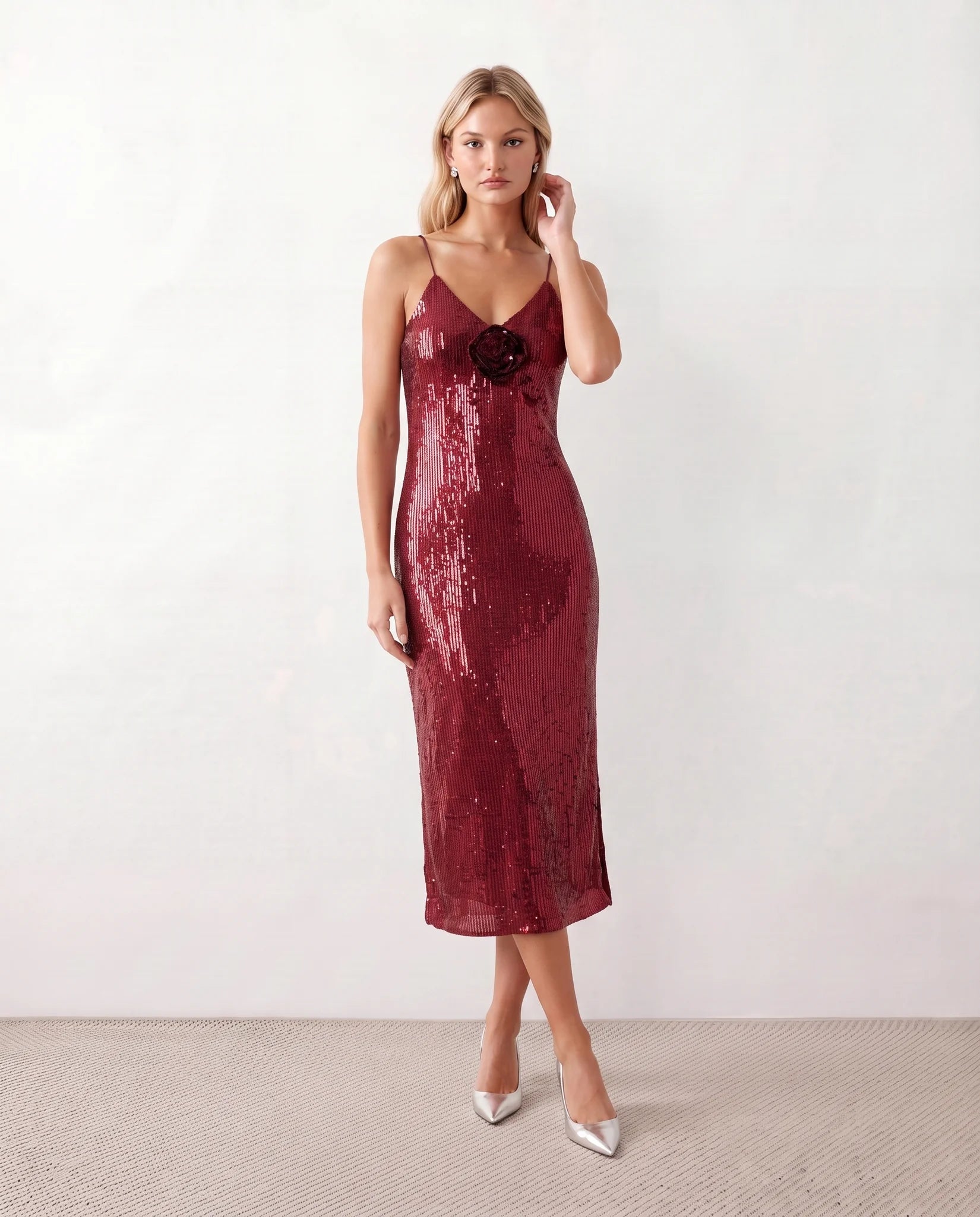 Malena Sequined Spaghetti Strap Midi Dress in Red — front view