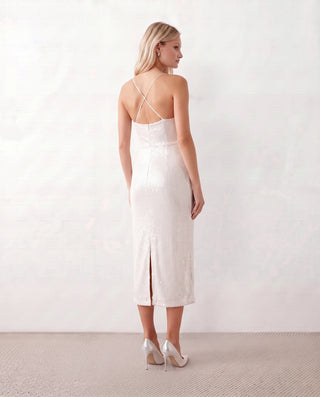 Malena Sequined Spaghetti Strap Midi Dress in White — back view
