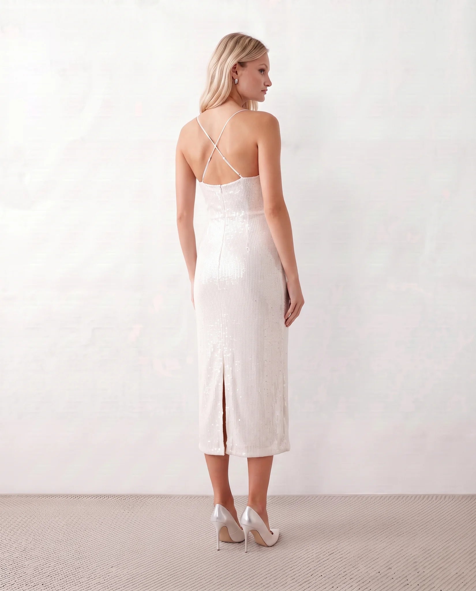 Malena Sequined Spaghetti Strap Midi Dress in White — back view