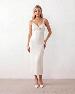 Malena Sequined Spaghetti Strap Midi Dress in White — front view