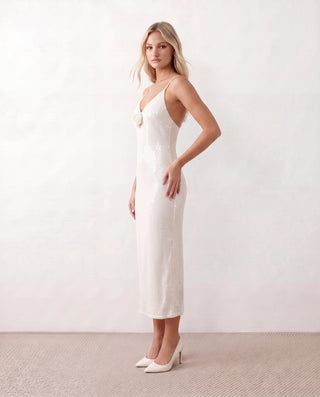 Malena Sequined Spaghetti Strap Midi Dress in White — side view