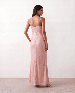Mabel Sequined Spaghetti Strap Maxi Dress in Beige — back view