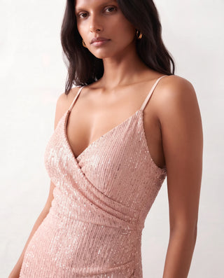 Mabel Sequined Spaghetti Strap Maxi Dress in Beige — detail close-up